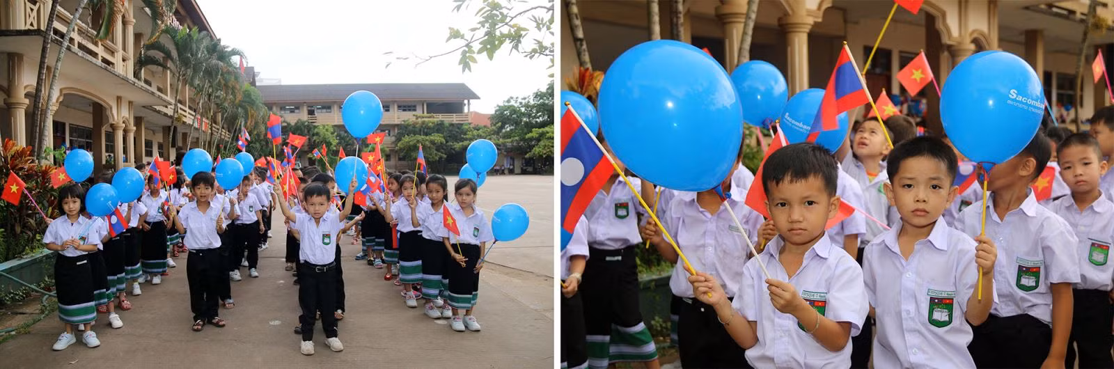 Học sinh lớp 1 của Trường Song ngữ Lào - Việt Nguyễn Du (Viêng Chăn, Lào) trong ngày khai giảng.