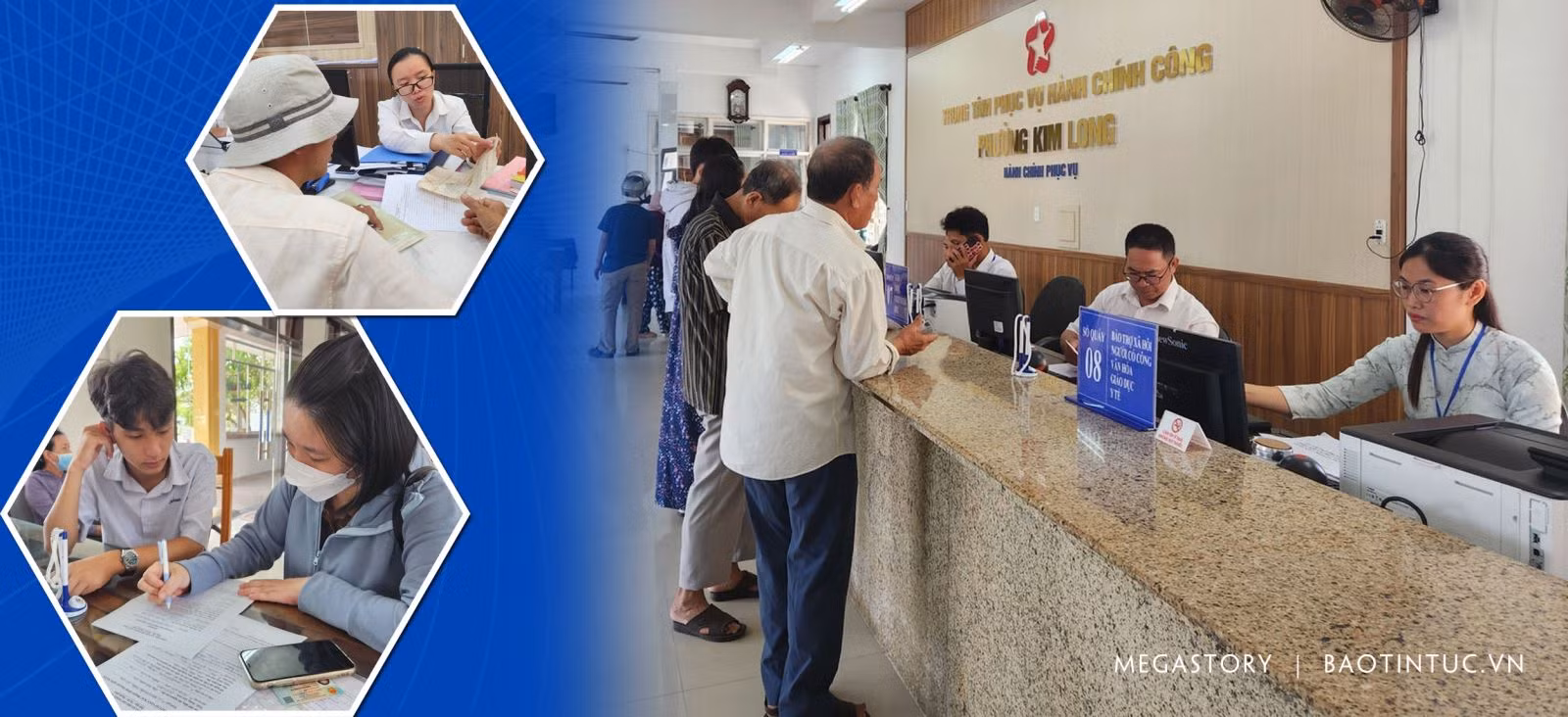 Cán bộ Trung tâm Hành chính công phường Phú Xuân và phường Kim Long (thành phố Huế) hướng dẫn người dân trong ngày đầu tiên chính quyền hai cấp đi vào hoạt động.