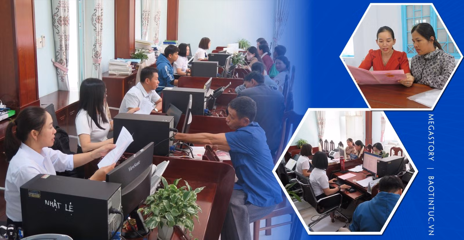 Các cán bộ Trung tâm phục vụ Hành chính công xã Bờ Y và xã Dục Nông (Quảng Ngãi) giải quyết thủ tục cho người dân sáng 1/7.