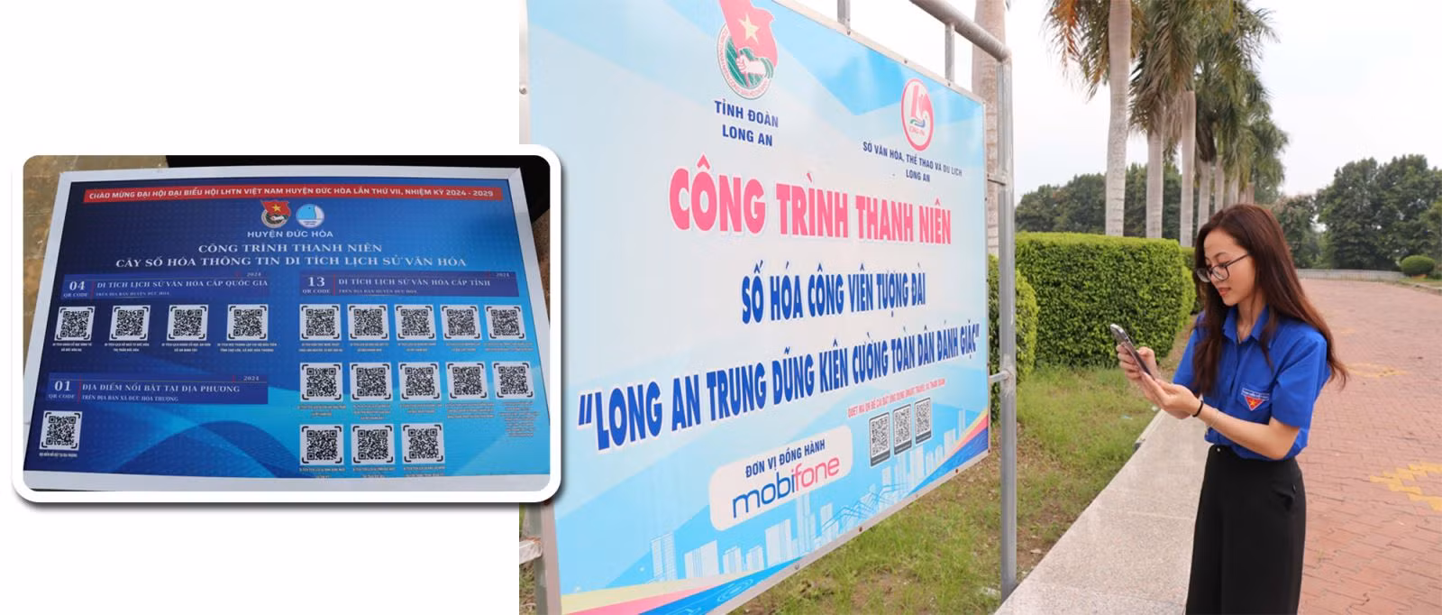 Quét mã QR trên cây số hóa thông tin di sản được đặt trong khuôn viên Khu công viên tượng đài “Long An trung dũng kiên cường, toàn dân đánh giặc” ở phường 5, thành phố Tân An, để tìm hiểu thông tin.