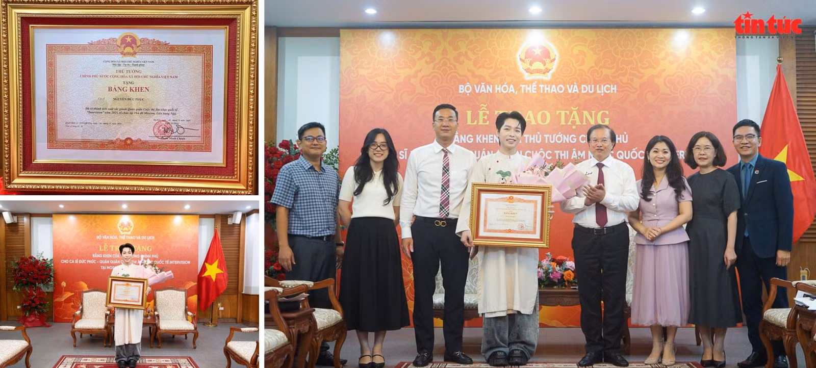 Ca sĩ Đức Phúc vinh dự nhận Bằng khen của Thủ tướng Chính phủ Phạm Minh Chính vì đã có thành tích xuất sắc giành Giải Quán quân cuộc thi âm nhạc quốc tế Intervision 2025.