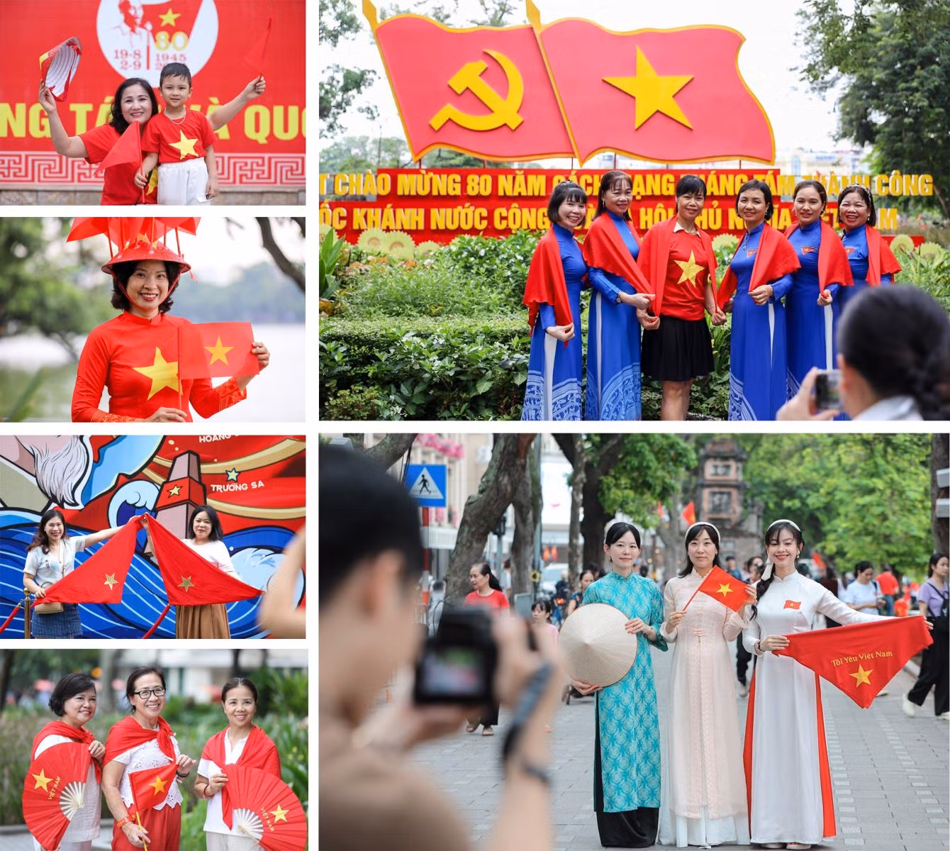 Trong những ngày Đại lễ 80 năm, nhiều người dân xuống đường chụp ảnh với hình ảnh lá cờ Tổ quốc, thể hiện tình yêu nước và niềm tự hào dân tộc.
