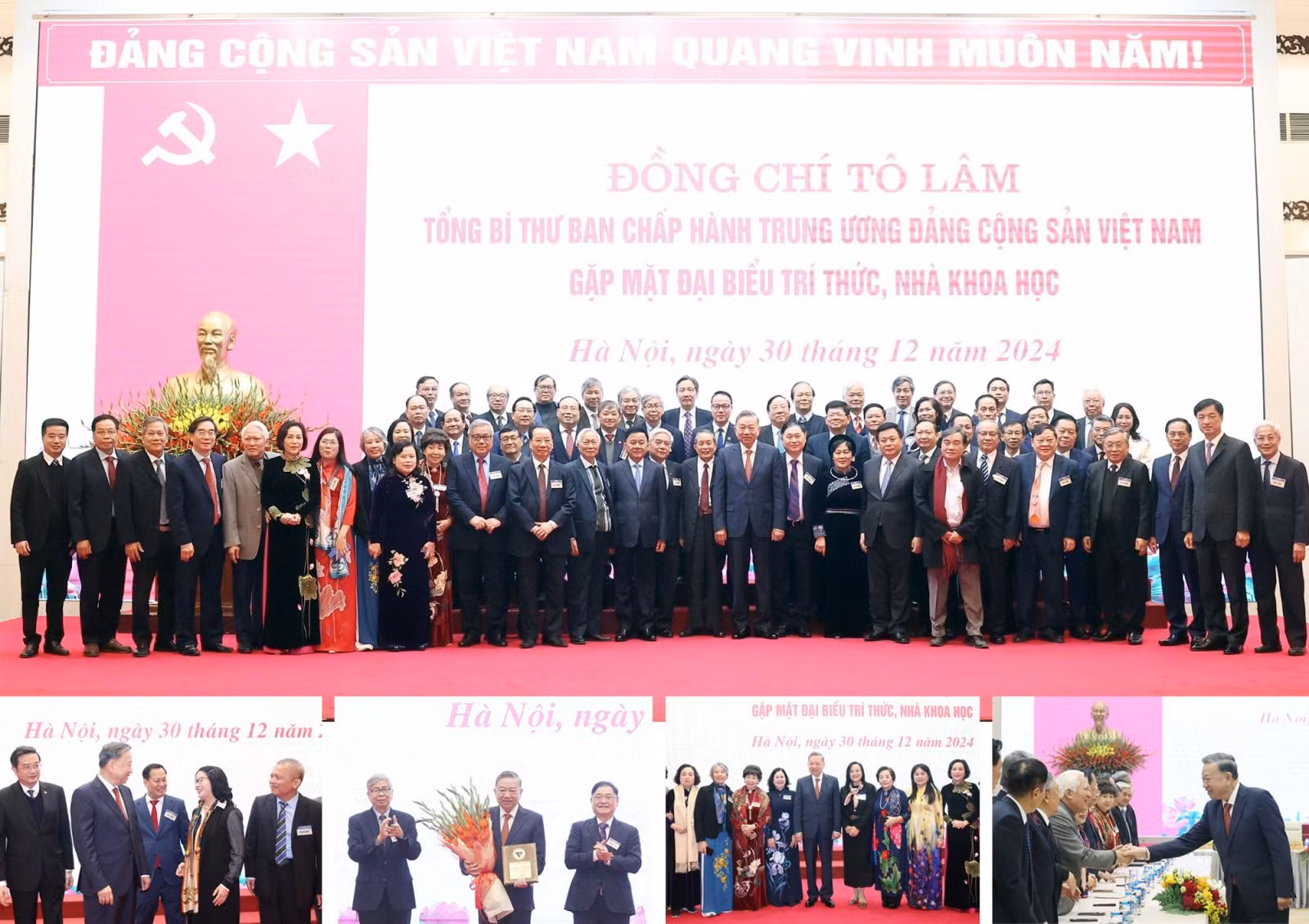 Tổng Bí thư Tô Lâm và các đồng chí lãnh đạo Đảng, Nhà nước dự Hội nghị gặp mặt đại biểu trí thức, nhà khoa học, ngày 30/12/2024, tại Hà Nội.