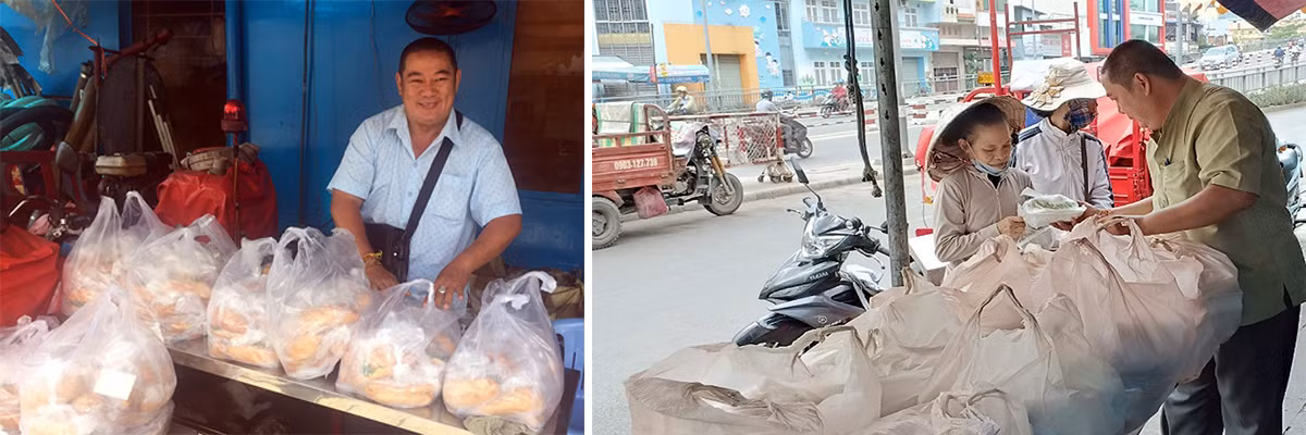 Hàng tháng anh phát hàng trăm suất cơm và bánh mỳ giúp những người nghèo bán vé số, chạy xe ôm và những trường hợp khó khăn...
