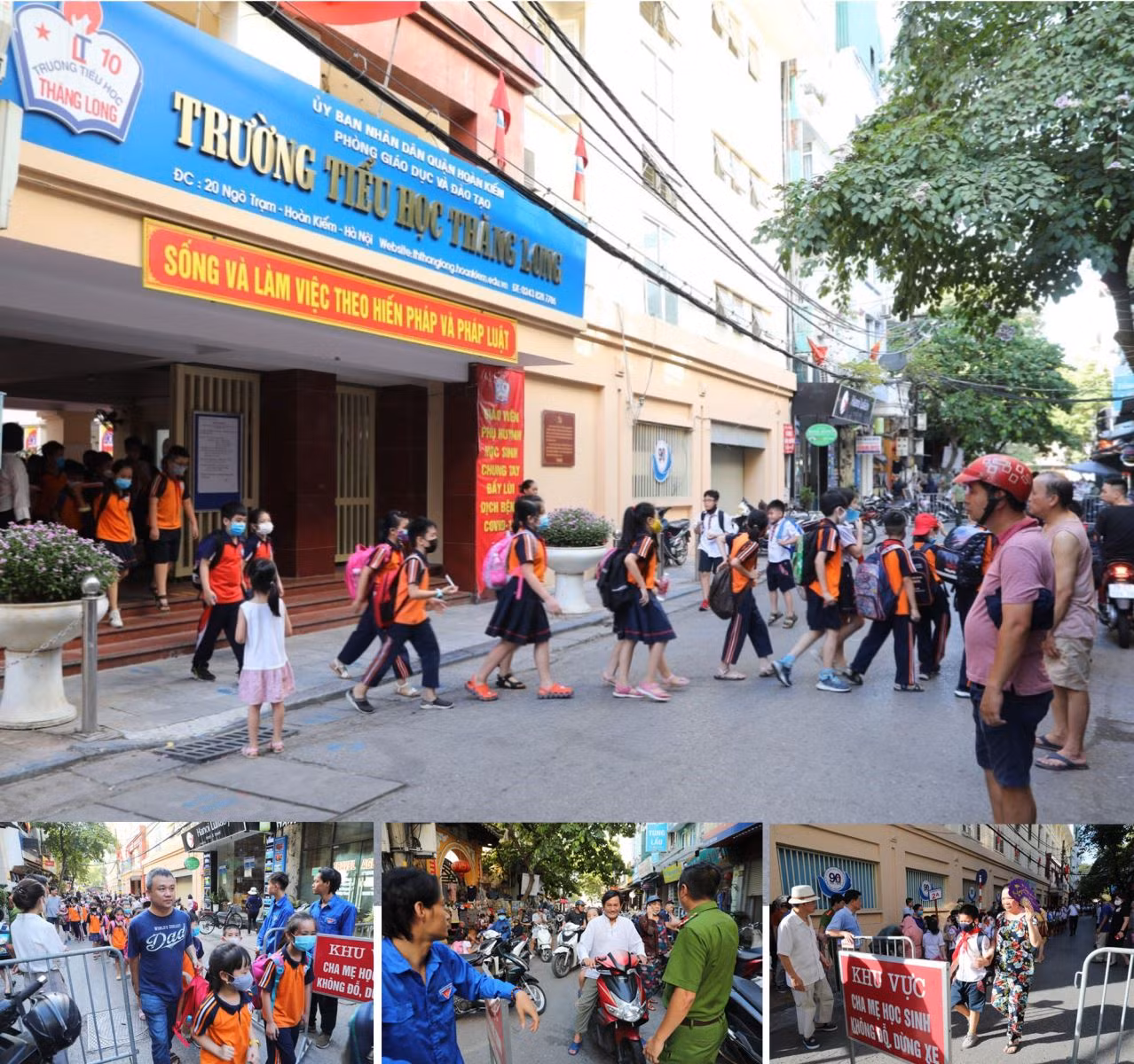 Nỗ lực đảm bảo trật tự giao thông trước cổng trường Tiểu học Thăng Long.