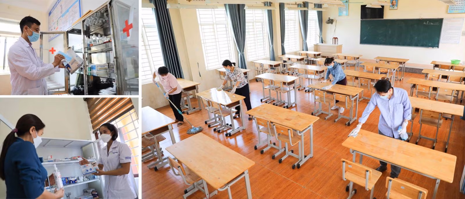 Giáo viên huyện Thạch Thất (Hà Nội) vệ sinh trường lớp để đón học sinh trở lại trường.