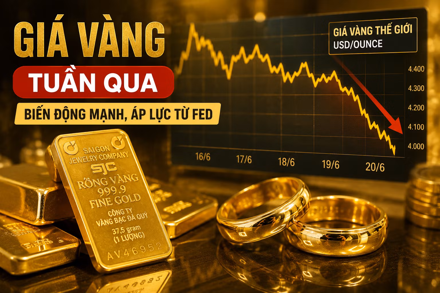Giá vàng tuần qua giảm mạnh trước sức ép của Fed và đồng USD