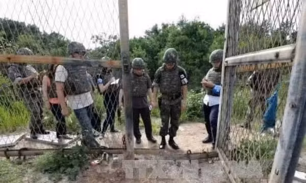 Binh sĩ và nhà báo Hàn Quốc điều tra tại hiện trường vụ nổ mìn tại DMZ năm 2015. Ảnh: AFP/TTXVN (Không được chia sẻ, khai thác bởi bên thứ ba)