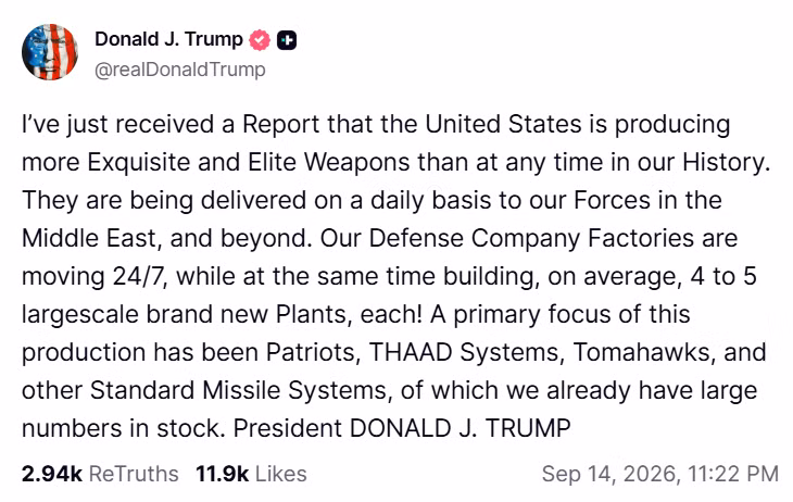 Bài đăng của Tổng thống Mỹ Donald Trump trên mạng xã hội Truth Social ngày 14/9. Ảnh chụp màn hình