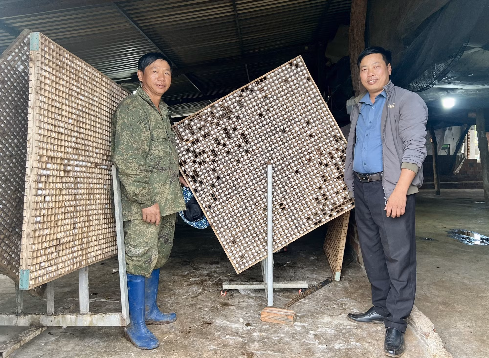 Anh Lê Văn Dương (bên trái), thôn Ia Sâm, xã Ia Hrú (Gia Lai) chuyển đổi cây cà phê và tiêu sang trồng dâu nuôi tằm, cho lợi nhuận khoảng 600 triệu đồng/năm.