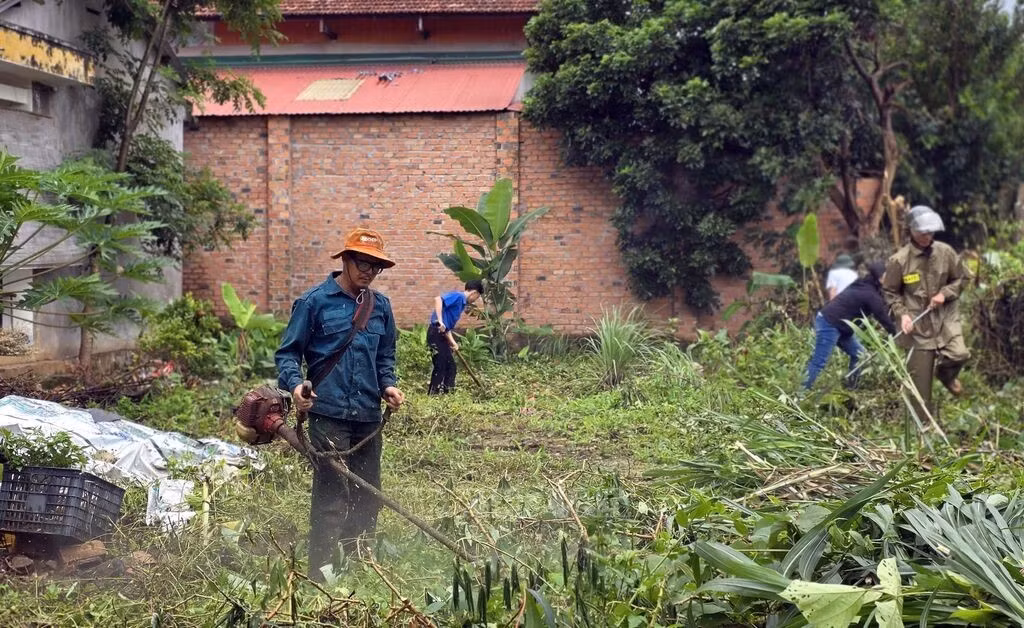 Lực lượng y tế, chính quyền địa phương và người dân xã Biển Hồ (Gia Lai) ra quân phát quang bụi rậm, vệ sinh môi trường, loại bỏ nơi sinh sản của muỗi truyền bệnh sốt xuất huyết. Ảnh: Quang Thái/TTXVN