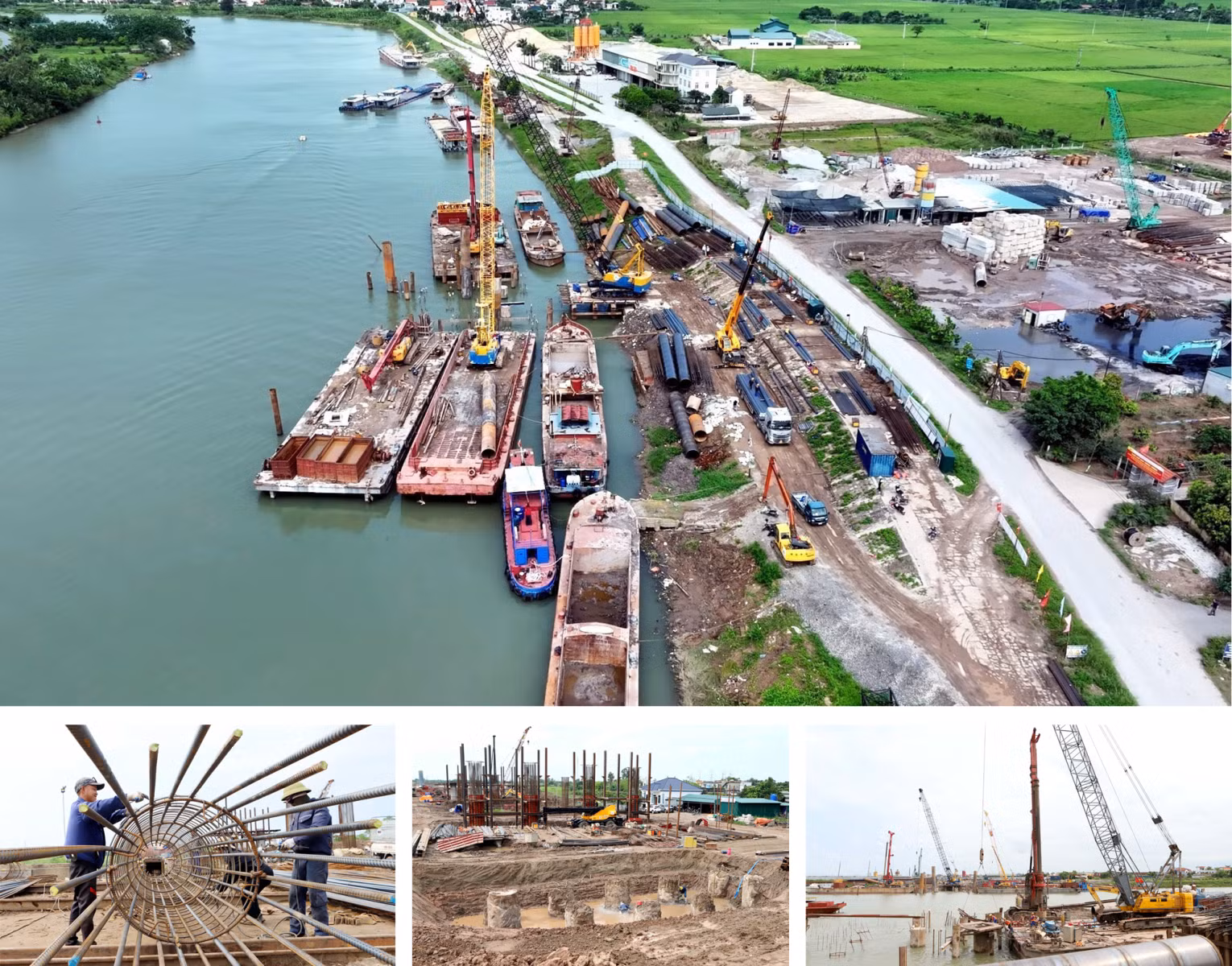 Cầu vượt sông Trà Lý và đường dẫn hai đầu cầu thuộc dự án tuyến đường từ phường Thái Bình đi xã Hưng Hà kết nối với phường Phố Hiến (Hưng Yên) đang được khẩn trương thi công.