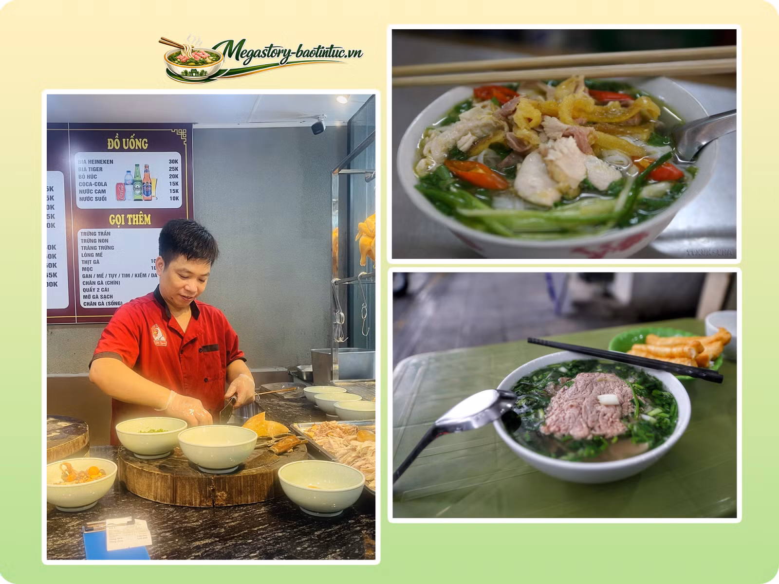 Những bát phở gà, phở bò gia truyền được chế biến, trình bày hấp dẫn.