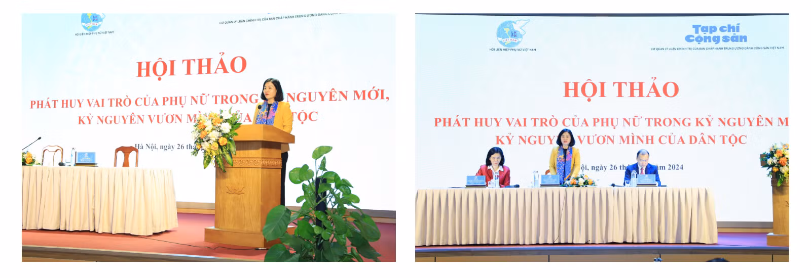 Đồng chí Nguyễn Thị Tuyến phát biểu và chủ trì Hội thảo Phát huy vai trò của phụ nữ trong kỷ nguyên mới, kỷ nguyên vươn mình của dân tộc.