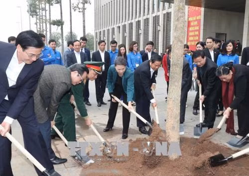 Chủ tịch Quốc hội tham gia trồng cây hoa ban tại khu vực Nhà Quốc hội ảnh 1