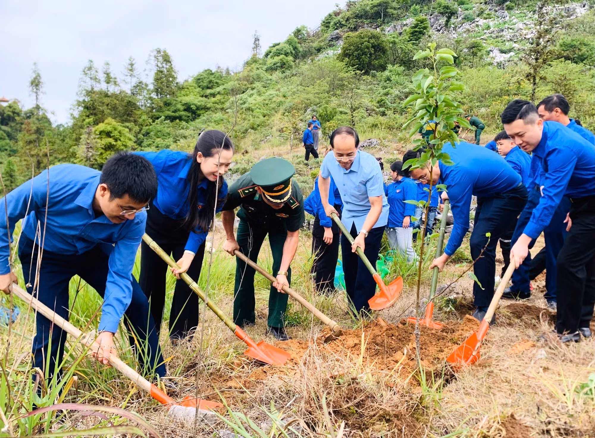 Các đại biểu Đoàn TNCS Hồ Chí Minh, MTTQ, các đoàn thể Trung ương và Tỉnh đoàn Tuyên Quang tham gia trồng cây lê tại khu vực mốc biên giới 291/2 xã Tùng Vài. Ảnh: Minh Tâm/TTXVN