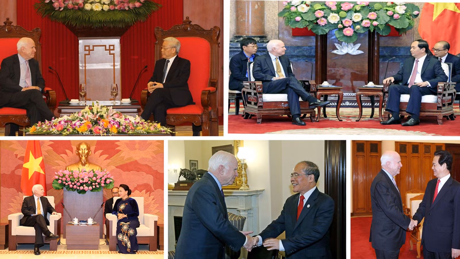 Ông John McCain chụp ảnh với lãnh đạo Việt Nam các thời kỳ. Ảnh: TTXVN