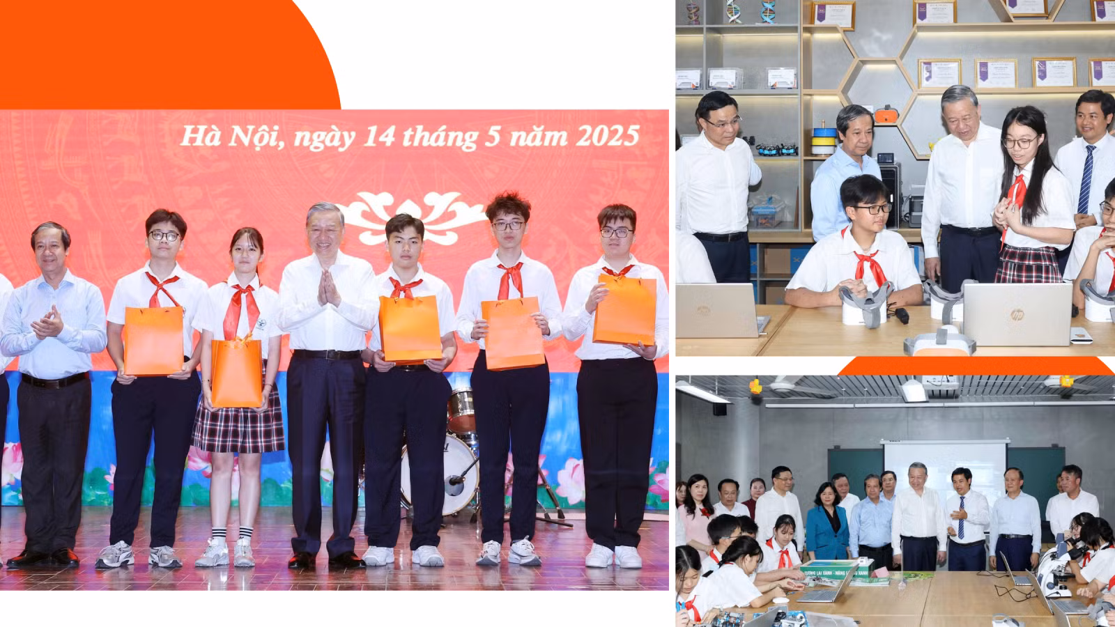 Chiều 14/5/2025, tại Hà Nội, Tổng Bí thư Tô Lâm tới thăm, động viên cán bộ, giáo viên, học sinh và trao tặng Phòng thực hành giáo dục STEM cho hai Trường THPT Chuyên Hà Nội - Amsterdam và Trường THCS Cầu Giấy. Ảnh: Thống Nhất - TTXVN