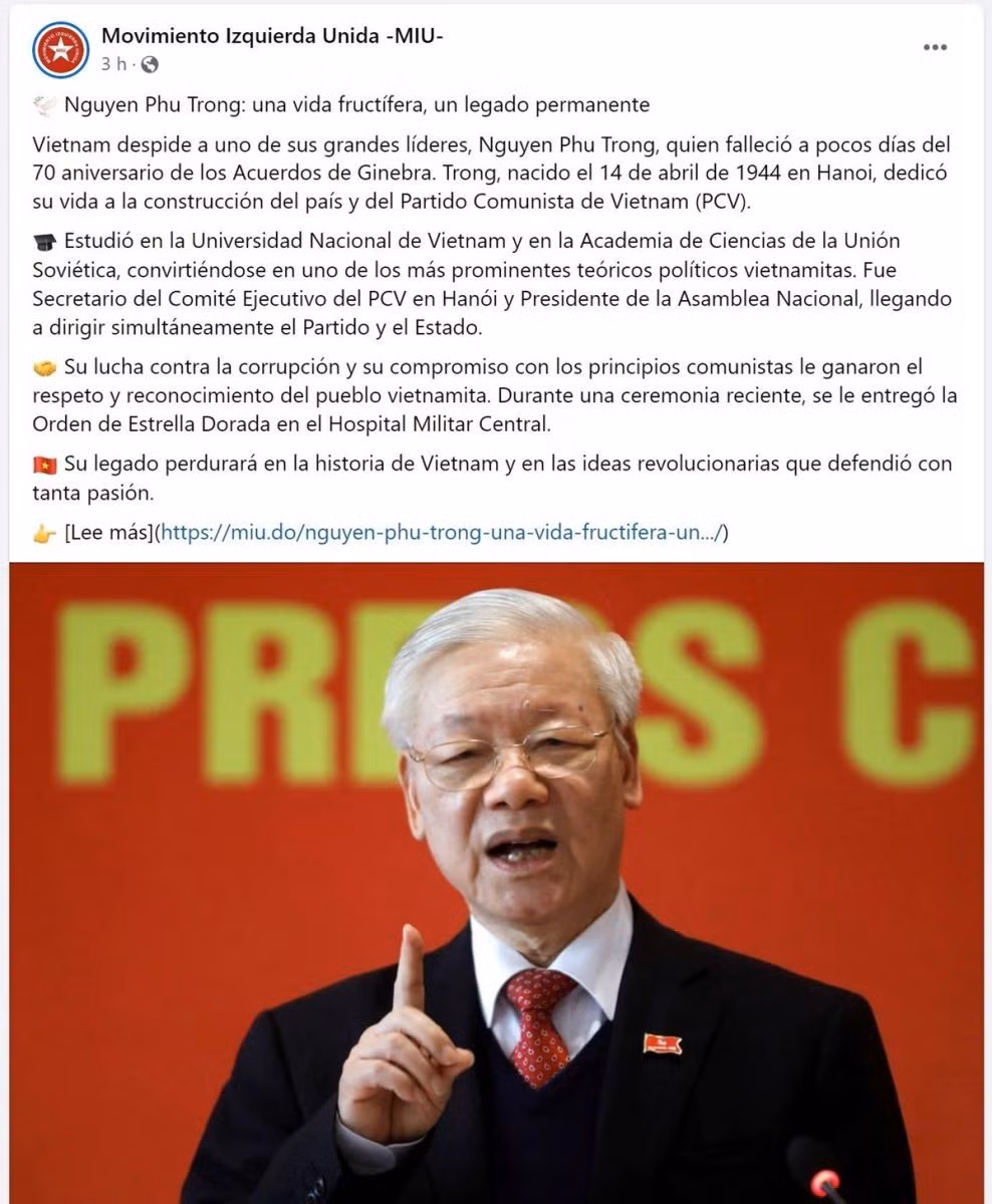 Bài viết “Nguyễn Phú Trọng: Một cuộc đời cống hiến, một di sản trường tồn” trên trang web chính thức của Phong trào Cánh tả Thống nhất (MIU) của Cộng hòa Dominicana.