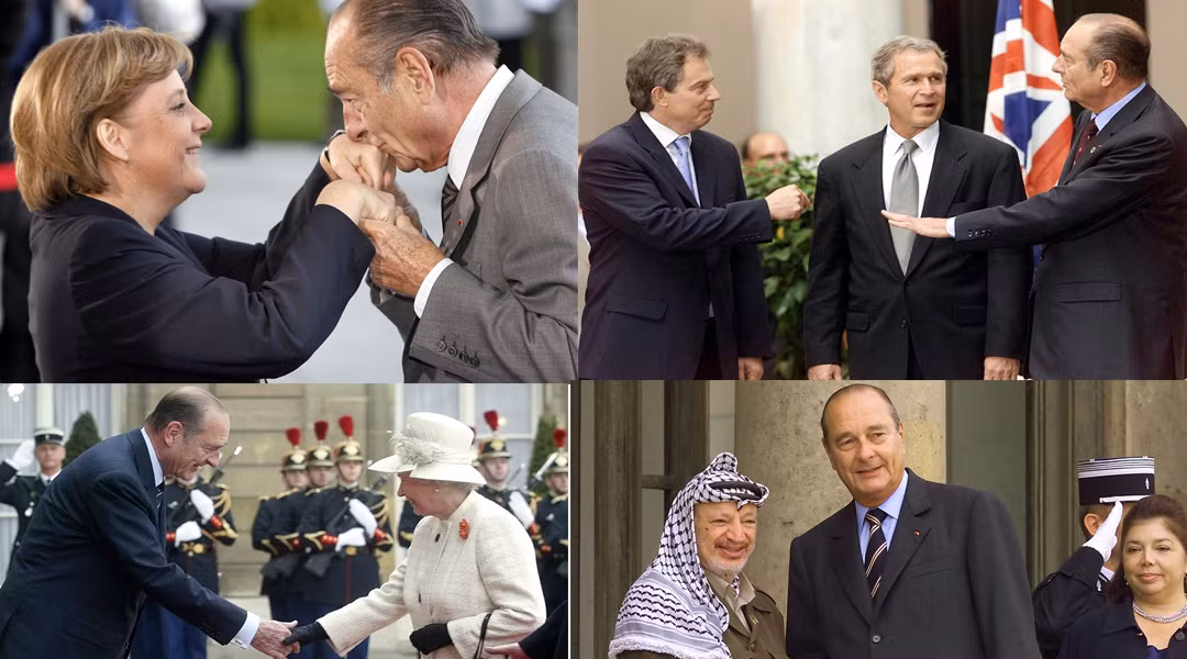 Tổng thống Chirac gặp gỡ các nhà lãnh đạo lớn trên thế giới (lần lượt từ trái qua phải, từ trên xuống dưới): Thủ tướng Đức Angela Merkel; Tổng thống Mỹ George W. Bush và Thủ tướng Anh Tony Blair (ảnh 2); Nữ hoàng Anh Elizabeth II; Tổng thống Palestine Yasser Arafat.
