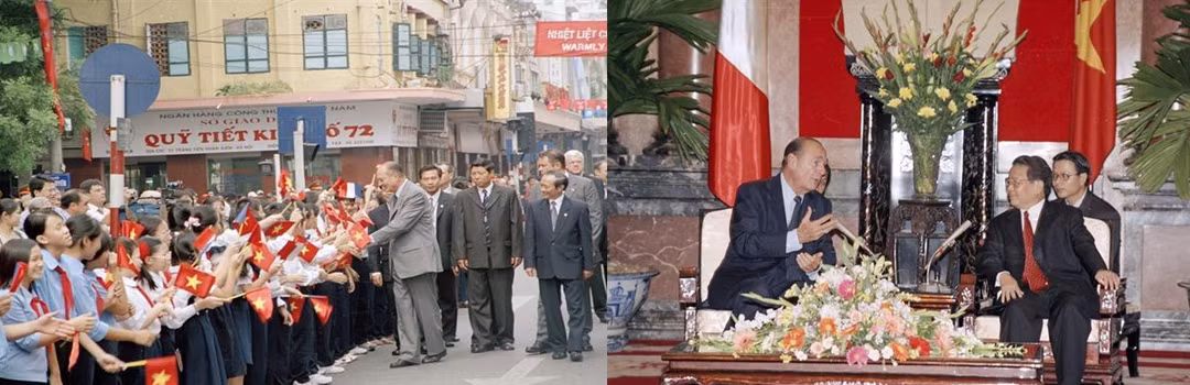 Ảnh trái: Ngày 7/10/2004, Tổng thống Pháp Jacques Chirac đến thăm và nói chuyện với học sinh, sinh viên trong chuyến thăm chính thức Việt Nam lần thứ hai. Ảnh: Nhan Sáng/TTXVN. Ảnh phải: Chủ tịch nước Trần Đức Lương đón, hội đàm với Tổng thống Pháp Jacques Chirac, ngày 6/10/2004. Ảnh: Nguyễn Khang/TTXVN