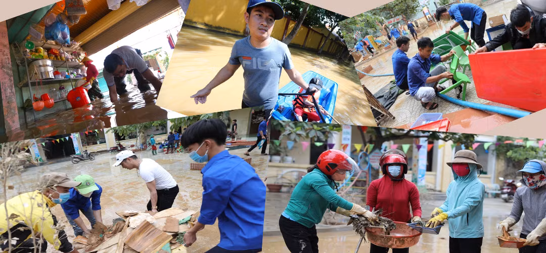 Nước lũ đã rút ở nhiều khu vực của tỉnh Quảng Bình. Chính quyền huy động các lực lượng quân đội, công an, dân quân, đoàn thanh niên, tình nguyện viên tham gia dọn dẹp bùn đất, vệ sinh đường xá, nhà cửa, giúp nhân dân sớm ổn định cuộc sống. Ảnh: Danh Lam – TTXVN