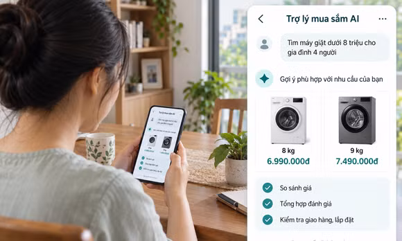 AI hỗ trợ người mua tìm sản phẩm theo nhu cầu, so sánh giá và tham khảo đánh giá. Ảnh tạo bằng AI, giao diện và giá mang tính minh họa.