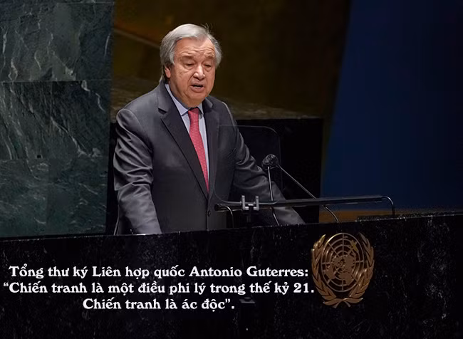 Tổng thư ký LHQ Antonio Guterres phát biểu tại phiên họp Đại hội đồng LHQ ở New York, Mỹ ngày 23/2/2022. Ảnh: AFP/TTXVN