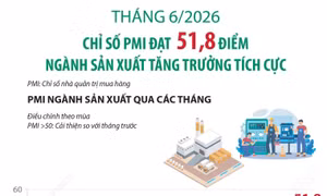 Tháng 6/2026: Chỉ số PMI đạt 51,8 điểm; ngành sản xuất tăng trưởng tích cực