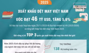 Xuất khẩu dệt may Việt Nam năm 2025 ước đạt 46 tỷ USD, tăng 5,6%