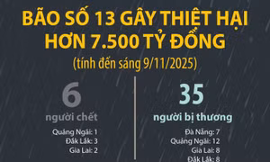 Bão số 13 gây thiệt hại hơn 7.500 tỷ đồng (tính đến sáng 9/11/2025)