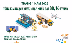 Tháng 1/2026: Tổng kim ngạch xuất, nhập khẩu đạt 88,16 tỷ USD