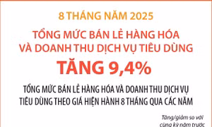 8 tháng năm 2025: Tổng mức bán lẻ hàng hóa và doanh thu dịch vụ tiêu dùng tăng 9,4%