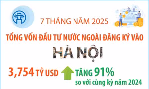 7 tháng năm 2025: Tổng vốn đầu tư nước ngoài đăng ký vào Hà Nội đạt 3,754 tỷ USD