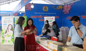Giới thiệu sản phẩm bán hỗ trợ, giảm giá cho công nhân người lao động tại chợ Tết Công đoàn.