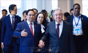 Thủ tướng Phạm Minh Chính và Tổng Thư ký Liên hợp quốc dự Họp báo Lễ mở ký Công ước Hà Nội