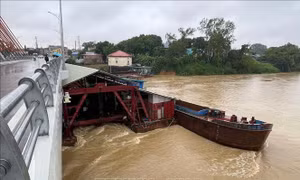 Nước sông Lô dâng cao, hàng loạt sà lan mắc kẹt ở cầu Vĩnh Phú