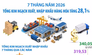 7 tháng năm 2026: Tổng kim ngạch xuất, nhập khẩu hàng hóa tăng 28,1%