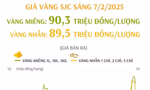 Giá vàng SJC sáng 7/2/2025: Vàng miếng và vàng nhẫn ở ngưỡng 90 triệu đồng/lượng
