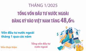Tháng 1/2025: Tổng vốn đầu tư nước ngoài đăng ký vào Việt Nam tăng 48,6%