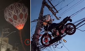 Video hy hữu khinh khí cầu nâng xe máy lên cột điện gây mất điện diện rộng