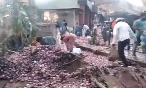 Xe chở hành tây lật nhào, người dân tranh thủ 'hôi của' mặc tài xế đau đớn