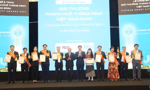 Đại diện các tỉnh thành phố nhận Giải thưởng Thành phố thông minh Việt Nam 2024. 