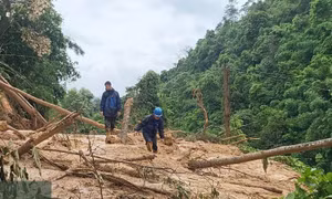 Nhân viên VNPT đi xử lý sự cố đứt cáp quang do mưa bão gây ra tại Lào Cai
