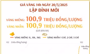 Giá vàng lúc 14h ngày 20/3 lên mức gần 101 triệu đồng/lượng