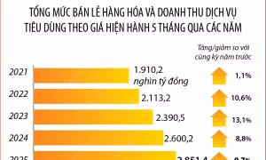 5 tháng năm 2025: Tổng mức bán lẻ hàng hóa và doanh thu dịch vụ tiêu dùng tăng 9,7%