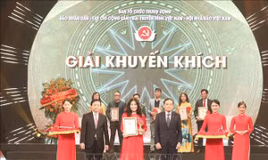 Phó Thủ tướng Trần Hồng Hà và Phó Thủ tướng Trần Lưu Quang trao giải cho nhóm tác giả báo Tin Tức (TTXVN)