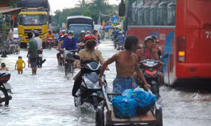 Người dân Bạc Liêu bì bõm trong nước triều cường