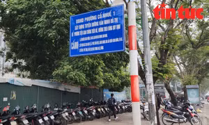 Ngay dưới biển cấm lấn chiếm vỉa hè để kinh doanh, bán hàng trên phố Hoàng Quốc Việt (quận Cầu Giấy), nhưng tình trạng trông xe, bán hàng vẫn diễn ra.