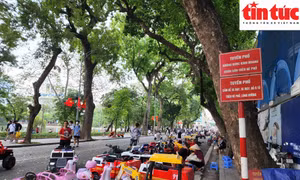 Phớt lờ biển cấm, các hộ kinh doanh xe điện ngang nhiên bày xe xuống dưới lòng đường phố Hàng Khay để kinh doanh. 